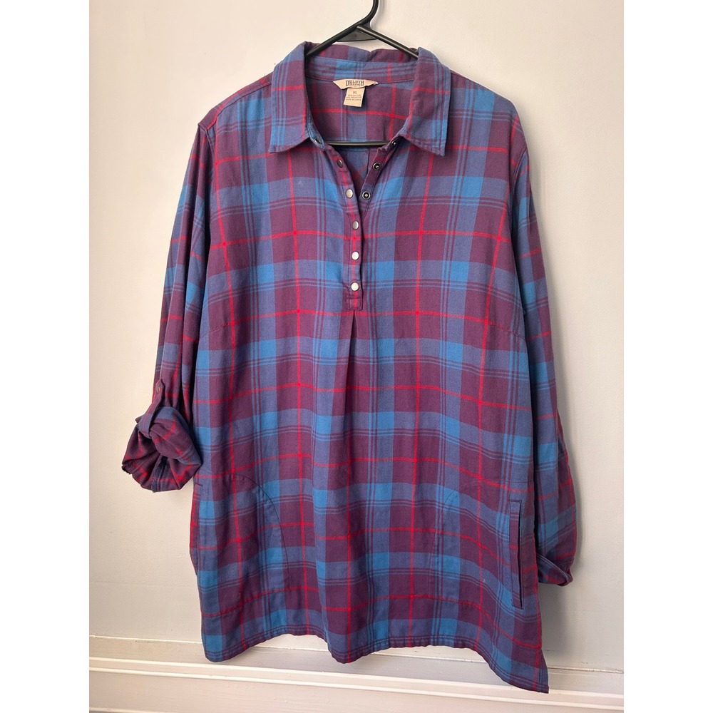 Duluth Trading Co Free Swingin Plaid Flannel Tunic Purple Blue Red XL